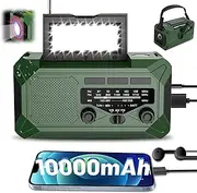 Emergency Hand Crank Radio with 3 LED Flashlights, 10000mAh Power Bank Weather Alarm Radio, Portable Rechargeable Radio with Cellphone Charger, Headphone Jack, Compass, Thermometer, Reading Lamp