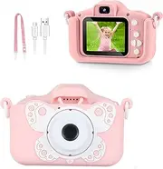 Kids Camera Toys for 3-8 Year Old Girls,Children Digital Video Camcorder Camera with Cartoon Soft Silicone Cover, Best Birthday Festival Kids - 32G SD Card Pink Butterfly