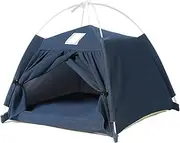 Cat Tent Bed, Warm Cotton Linen Cat Tents for Indoor Cats, Removable Dog Tent Bed with Soft Cushion, Pet Enclosure Playpen for Small and Medium Pets (Navy Blue)