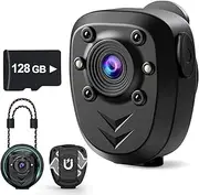 Mini Body Camera Video Recorder Built-in 128GB Card with Night Vision IR & Loop Record HD 1080P, 6 HR Battery Life Police Cam for Outdoor, Law Enforcement, Security Guard (128G With Magnetic Lanyard)
