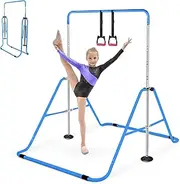 Foldable Gymnastics Bar for Kids 6-12, Adjustable Height Junior Training Kip Bar with Rings, Indoor/Outdoor Gymnastics Equipment (Blue)