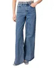 Maje Studded Mid Rise Wide Leg Jeans in Blue Jean