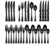 Modern 24-Piece Black Stainless Steel Flatware Set with Steak Knives – Service f