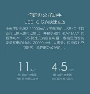 小米3 20000 筆電 筆記型電腦 行動電源 USB-C 雙向快充 PLM07ZM 45W ASUS LENOVO ACER DELL HP SONY TOSHIBA MSI 雷蛇 華碩