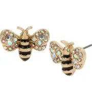 New BETSEY JOHNSON EARRINGS Sparkle Bumble Bee Stud Rhinestone New With Tags