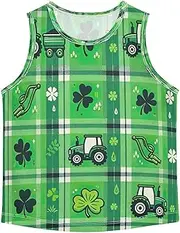 [RPLIFE] Sleeveless Tank Top for Boy, Athletic Moisture Wicking Tank Undershirts for Kids, Tractor Green Plaid Shamrock, 3-15 Y