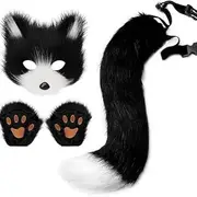 Faux Fur Fox Tail Cat Wolf Cosplay Costume Set Plush Mask Fluffy Paw Gloves Halloween Christmas Party for Girls (Black and white)