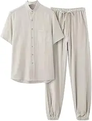 [NTWSHS] Chinese Clothing Cotton Linen Tai Chi Suit Wing Chun Kung Fu Clothing Short Sleeves Pants Martial Arts Suit, Tang Suit, Wing Chun Zen Meditation Uniform(Beige,Large)