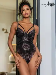Pour Moi Black Thong After Hours Underwired Back Bodysuit (F28432) | $115