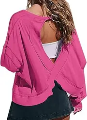 [Mmoneyake] Womens Open Back Workout Tops Backless Sweatshirts Cut Out Casual Crop Top Loose Short Sleeve Athletic Gym T Shirts