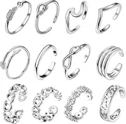 [Zngou] 12 Pcs Toe Rings, Adjustable Open Rings Set Stackable Rings Silver Adjustable Toe Rings Thumb Ring Knuckle Rings Joint Ring Simple Toe Ring Heart Flower Arrow Toe Rings Foot Ring for Women Girls, Metal