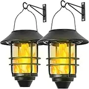 2 Pack Aluminium Solar Wall Lantern Outdoor, Hanging Solar Flickering Flames Lights Outdoor, Hanging Solar Lamps Wall Mount for Front Porch, Patio and Yard