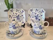 Hand Painted Blue & White Bluebird Individual Tea Set 8 Pieces - Andrea By Sadek