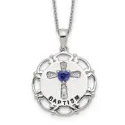 Sterling Silver Enameled Blue & Clear Cz Cross Necklace