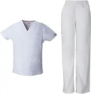 [Dickies] EDS Signature Men Scrubs Set 81906 V-Neck Top & 81006 Zip Fly Pull-On Pant, White-S Top/S Pant, White, Large Top / Medium Pant