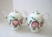 Pair of Stacking Teapots Marketplace & Tea Cup Set White Fruit Print Ceramic New