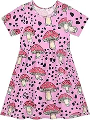 [WOIWB] Girls' Short-Sleeve Dress, Leopard Mushroom Print Summer Dresses, Casual Sundress for Kids 2T, Pink, 3 Years