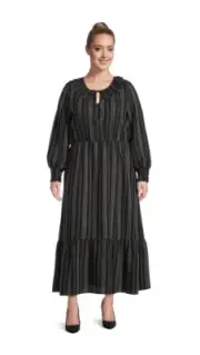 TERRA & SKY Women's 3X Peasant Tiered Long Sleeve Maxi Dress • Stripe Black