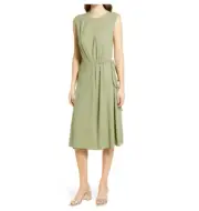MAGGY LONDON Pesto Sage Green Textured Draped Tie Waist Drawstring Dress 6 = S
