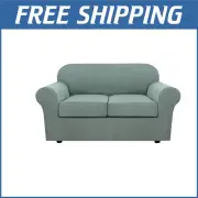 Machine Washable 3-Piece Stretch Loveseat Cover Set - Sage Checkered Style