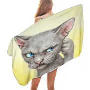 Blue Eyes Grey Kitty Cat Over Yellow Microfiber Beach Towel