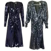 NWT Rachel Gilbert Leopold Dress Midnight Blue Sequins Split Hem Size 6