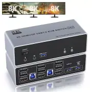 KVM Switch 3 Monitors 2 Computers 8K@60Hz 4K@144Hz HDMI and 2 Displayport Tri...