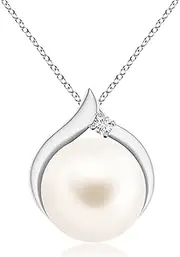 [Angara] Freshwater Cultured Pearl Solitaire Pendant Necklace with Diamond in Sterling Silver/14ct Solid Gold for Women | June Birthstone Jewellery for Her