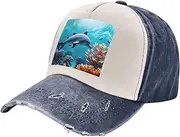 [YANYU] Beautiful Underwater World Dolphins Coral Print Fashion Washed Distressed Baseball Cap Vintage Adjustable Hat with Classic Brim, Navy Blue, One Size