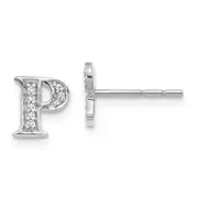 Solid 14k White Gold Simulated CZ Initial P Earrings