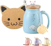Cat Mug Cute Ceramic Coffee Cup with Lovely Kitty Wooden lid Stainless Steel Spoon,Novelty Morning Cup Tea Milk Christmas Mug 380ML (Blue)