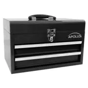 Apollo Tool Box 2-Drawer+Handle+Non-Slip Drawer Liner+Lid+Steel+Heavy-Duty Black