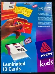 AVERY KIDS LAMINATED ID CARDS #3613 15 LAMINATED CARDS, 5 BLANK SHEETS, SEALED