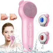 Havvo Facial Cleansing Brush Face Scrubber, Red Light / Blue Light Electric Face Scrubber with Nose Scrubber for Women/Men, Silicone Face Scrubber Exfoliator Thermal Massage, Waterproof Sonic Facial Cleansing Brush (Pink)