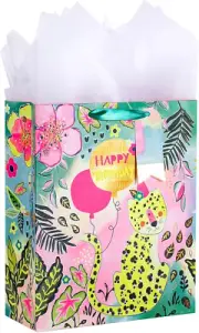 13" Large Birthday Gift Bag with Tissue Paper -Colorful Leopard with Happy Birth
