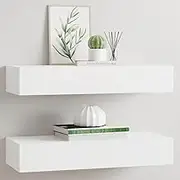 Wall Mounted Floating Shelves with Drawer, Compact White MDF 2-Piece Set for Bathroom, Bedroom, Living Room Storage & Book Display, Elegant Home Decor