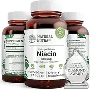 Natural Nutra Extended and Time Release Niacin 500mg (Vitamin B3) - Nerve Support, Heart Health, Detox and Cholesterol Lowering Supplement with Nicotinic Acid - Vegan and Vegetarian - 100 Tablets