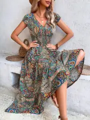 Honey Smocked Printed Cap Sleeve Midi Dress for Women