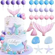 Mermaid Cake Toppers，Mermaid Tail Cake Decorations,Under the sea Cake Decor,Gold Purple Pearl Ball，for Girl Kid Birthday Party Baby Shower Supplies (Pink)