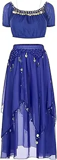 [TiaoBug] Women's Belly Dance Outfits Short Sleeves Sequins Crop Top and Chiffon Skirt Set for Performance Halloween