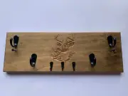 wooden coat rack wall mount with hat and key holder. Laser engraved deer.