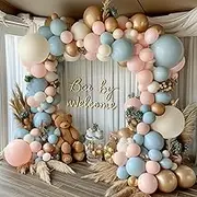 Gender Reveal Balloon Arch Kit, Dusty Pink and Blue Balloons Champagne Gold Sand White Balloons for Gender Reveal Boho Bachelorette Birthday Baby Shower Bridal Bear Theme Decorations
