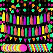 Glow Neon Party Supplies Including Neon Paper Garland 20 Pieces Neon Paper Tassels Garland and Neon Triangle Flags Bunting for Birthday Party Wedding Black Light Reactive UV Glow Party Decorations