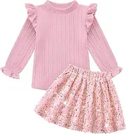 [Weixinbuy] Toddler Baby Girl Fall Clothes Outfits Solid Long Sleeve T-Shirt Top Sparkly Sequin Skirt 2Pcs Kids Party Outfit