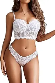 [Avidlove] Lace Lingerie Set for Women 2 Piece Bra and Panty Sets V Neck Corset Tops Nightwear S-XXL, White, Medium