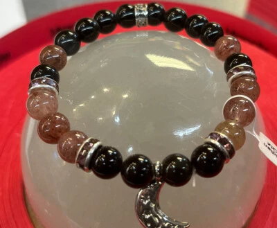 rainbow obsidian & Strawberry Quartz 8 Mm Rd Bracelet With Crescent Moon Charm