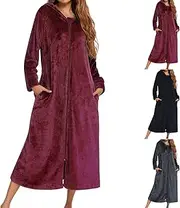 [Generic] Bathrobe with Zip Women's Furry Dressing Gown Long Fleece Bathrobe with Hood Terry Cloth Dress Soft Nightdress Elegant Travel Bathrobe Bathrobe for Sauna Travel Loungewear, red, X-Large