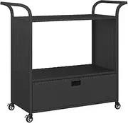 vidaXL Bar Cart with Drawer Outdoor Patio Garden Terrace Home Kitchen Storage Serving Dining Trolley Rolling Bar Cart Black Poly Rattan