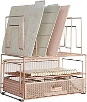 BLU MONACO Workspace Rose Gold Desk Organizers and Storage Accessories Desktop Rack File Organizer with File sorters and Drawer for Office Supplies, Paper, Device and Folder