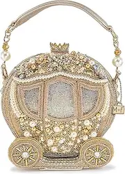 [MARY FRANCES] Dream Big Beaded Handbag Carriage-Design Vegan Leather Top Handle Bag, Metallic, Metallic